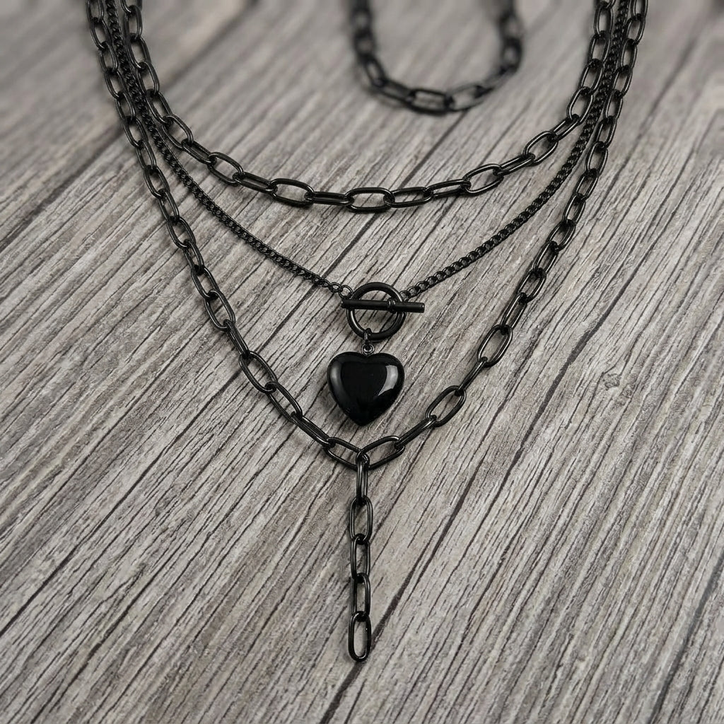 Black Heart Toggle Layered Chain Necklace