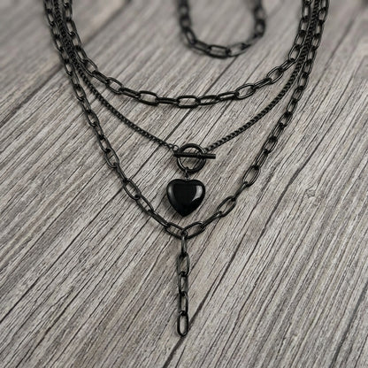 Black Heart Toggle Layered Chain Necklace