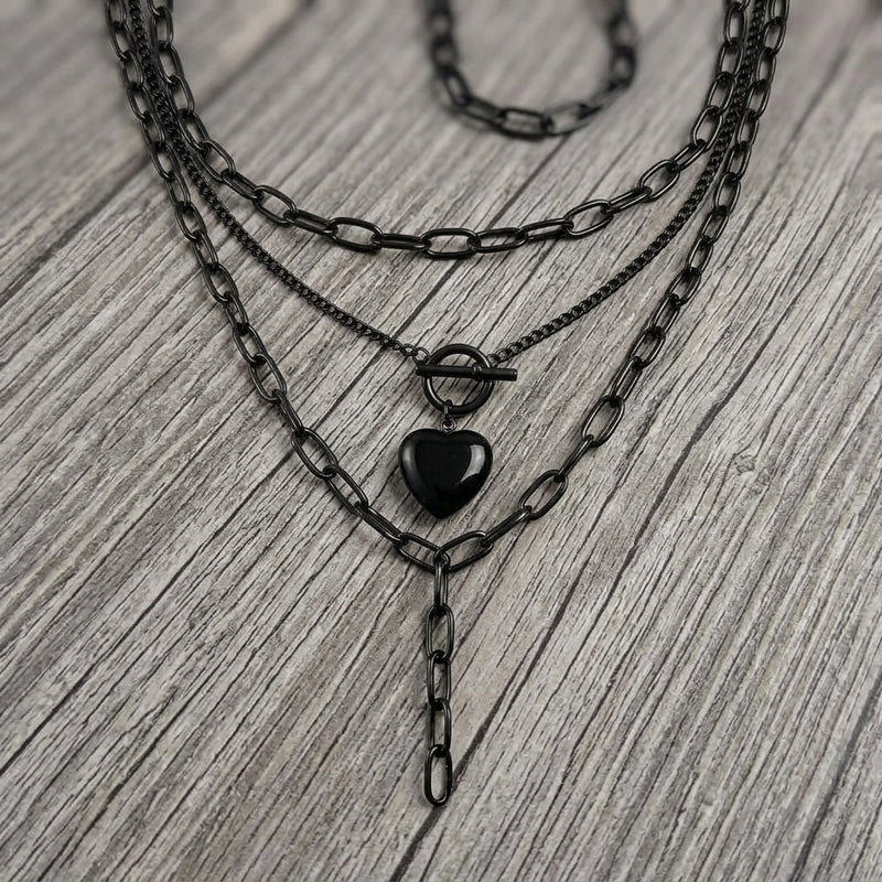 Black Heart Toggle Layered Chain Necklace