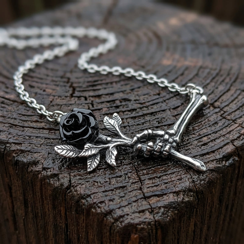 Bone Hand Cursed Rose Necklace