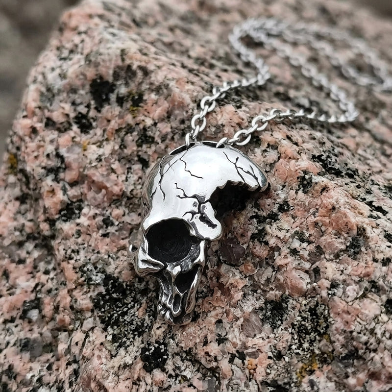 Cracked Moon Skull Pendant Necklace