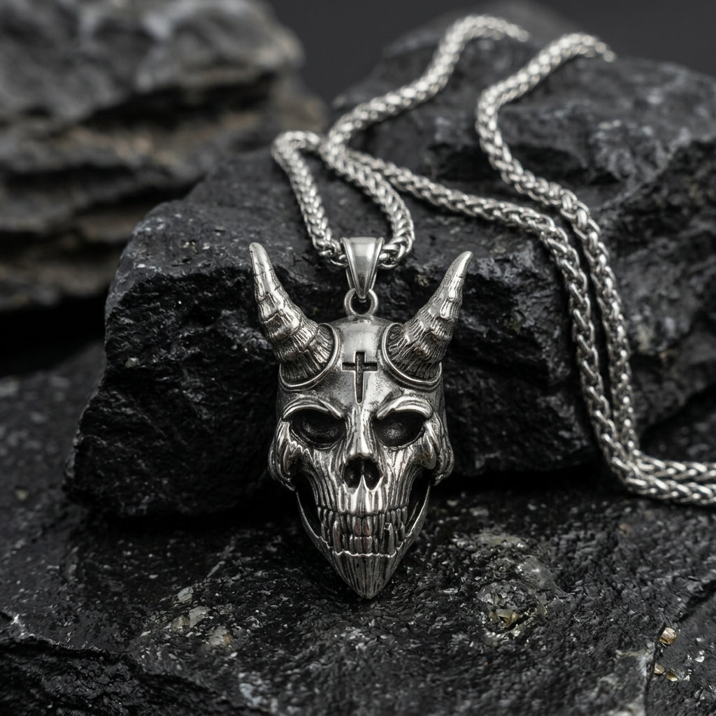 Cross & Horn Demon Skull Pendant Necklace