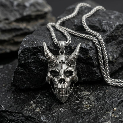 Cross & Horn Demon Skull Pendant Necklace