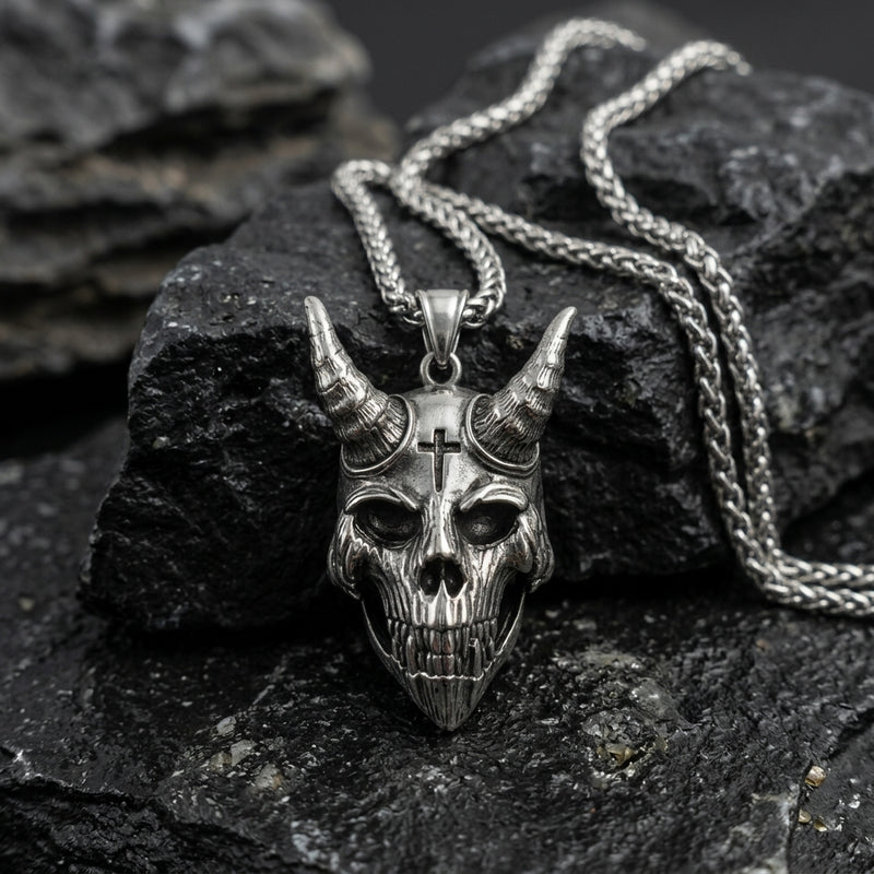 Cross & Horn Demon Skull Pendant Necklace