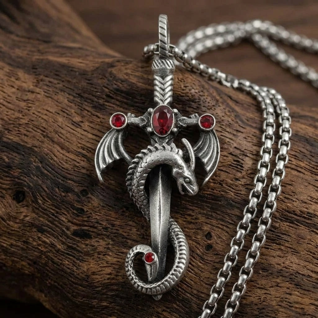 Cursed Serpent Wing Crimson Cross Necklace