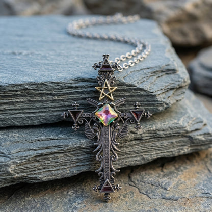 Dark Ritual Pentagram Crystal Cross Necklace