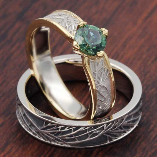 Green Zirconia Nature Gold & Silver Ring Set