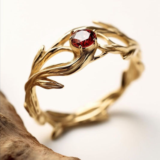 Exotic Red Crystal Golden Branch Ring