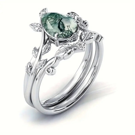 Moss Agate Drop Crystal Layer Ring