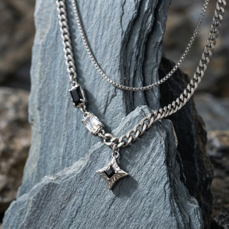 Double Layer Crystal Baguette & Star Charm Necklace
