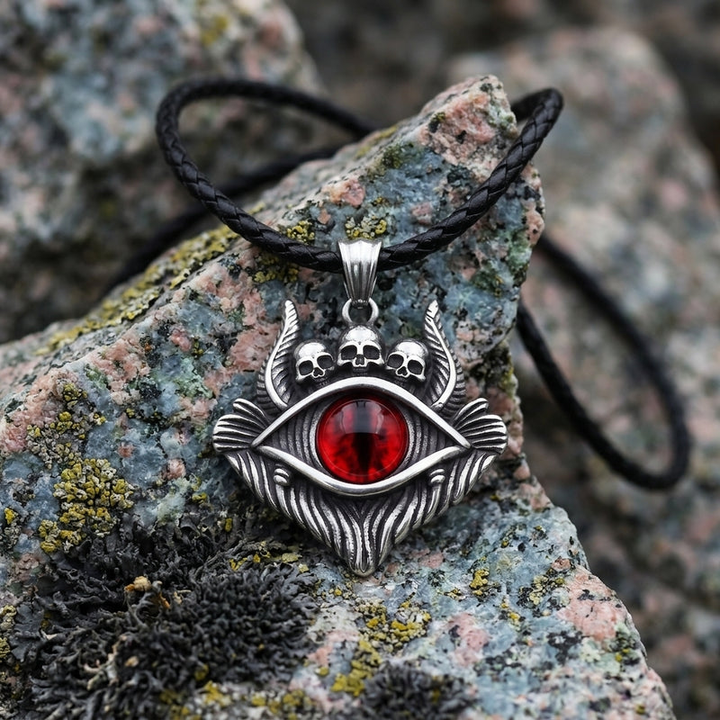 Dragon Eye Pendant with Skulls – Red Gemstone Necklace