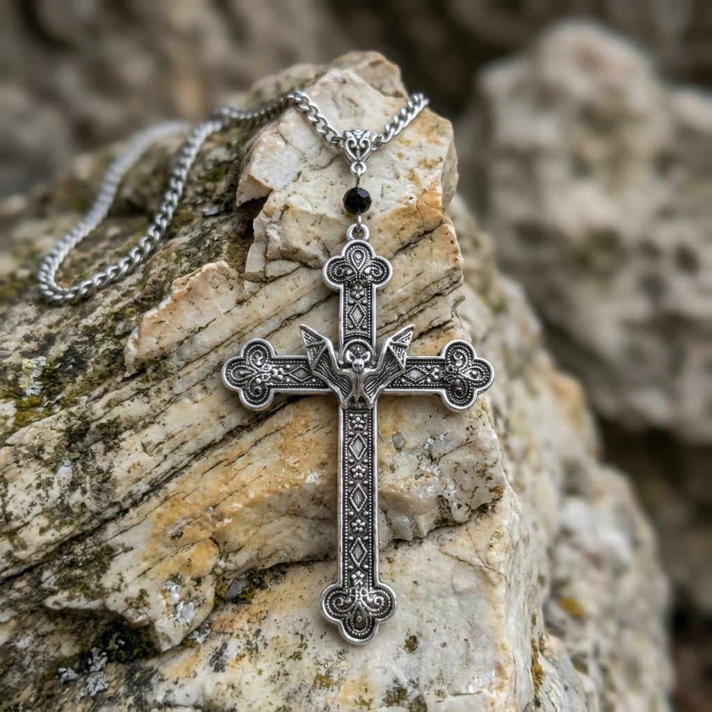 Gothic Bat Filigree Cross Pendant Necklace