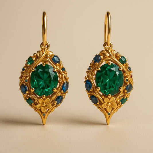 Green & Blue Crystal Gold Earrings