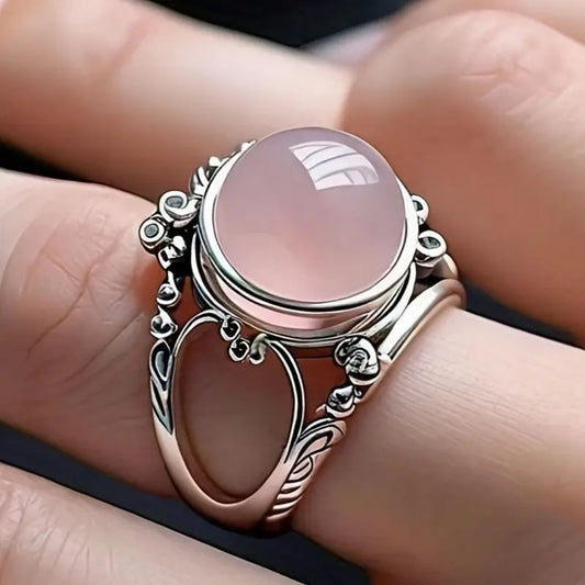 Pink Rounded Stone Silvered Ring