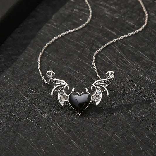 Winged Black Heart Necklace