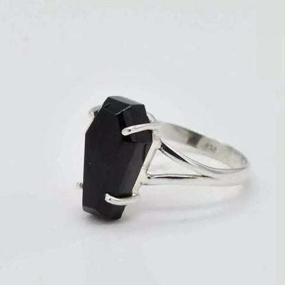 Black Coffin Stone Silver Split Band Gothic Ring