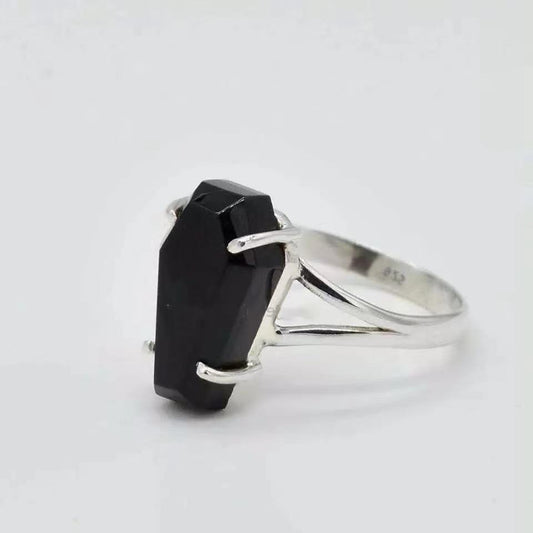 Black Coffin Stone Silver Split Band Gothic Ring