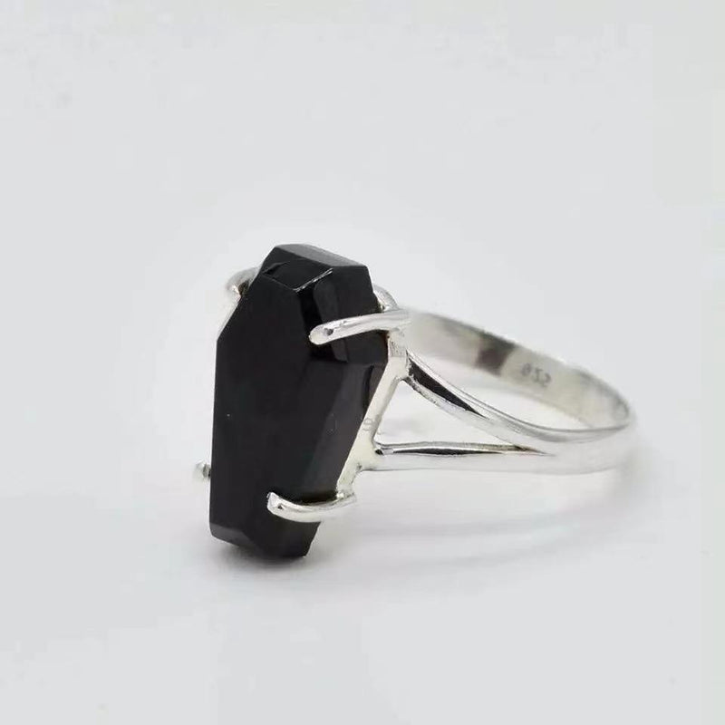 Black Coffin Stone Silver Split Band Gothic Ring