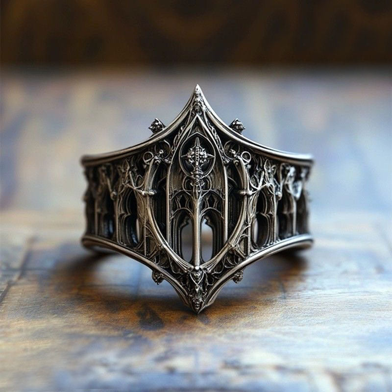 Gothic Arched Filigree Oxidised Silver Statement Ring