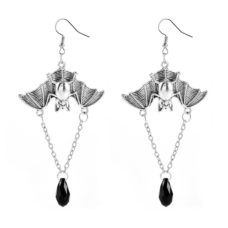 Midnight Wingspan - Gothic Bat & Black Crystal Drop Earrings