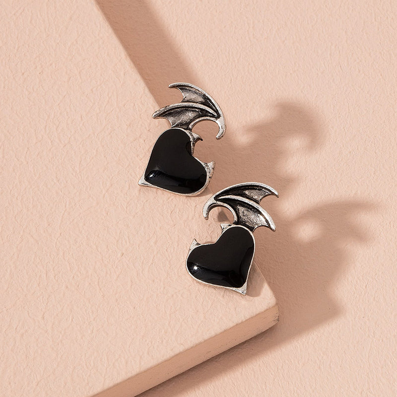 Dark Heart Takes Flight - Black Enamel Winged Heart Stud Earrings