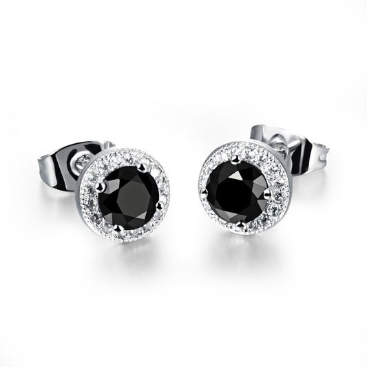 Black Diamond Halo Stud Earrings in Sterling Silver