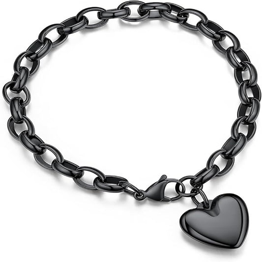 Black Heart Charm Cable Link Bracelet