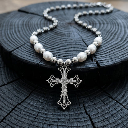 Ornate Cross Pearl Rhinestone Necklace