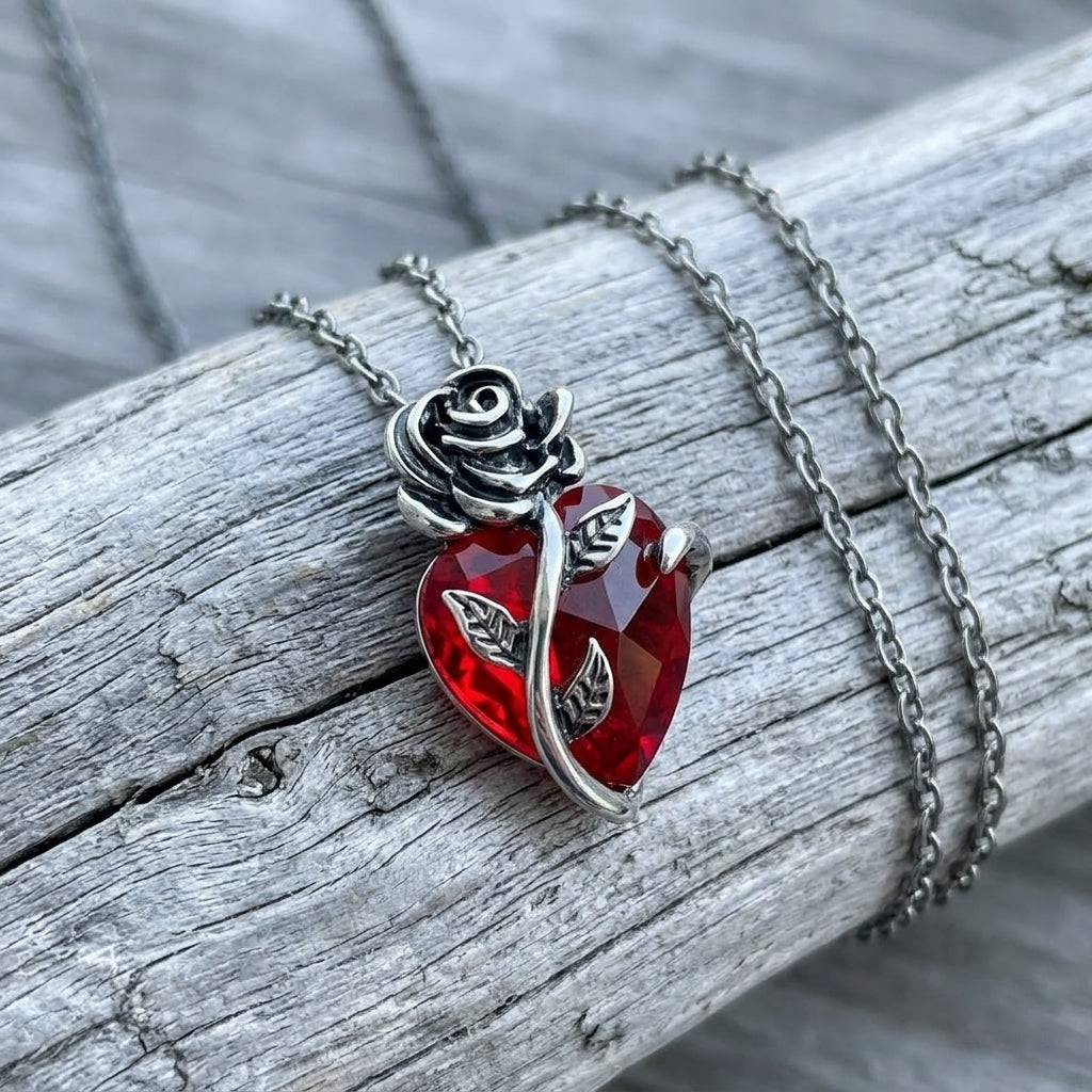 Red Crystal Heart Rose Necklace