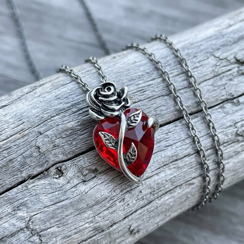 Red Crystal Heart Rose Necklace