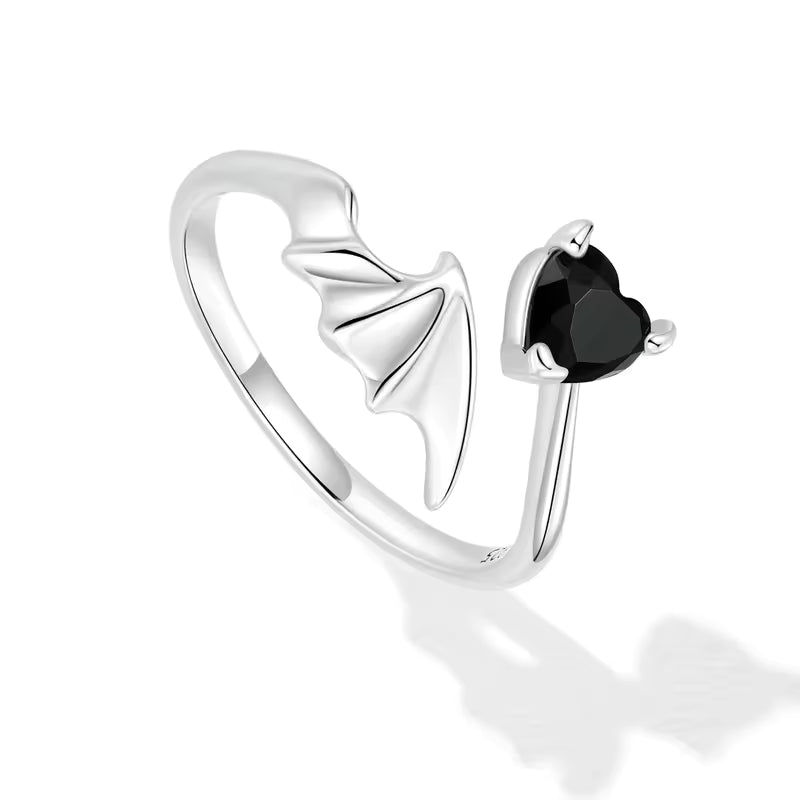 Gothic Bat Wing & Black Heart Crystal Adjustable Open Ring