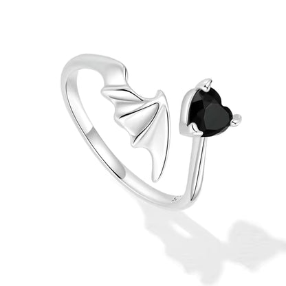 Gothic Bat Wing & Black Heart Crystal Adjustable Open Ring