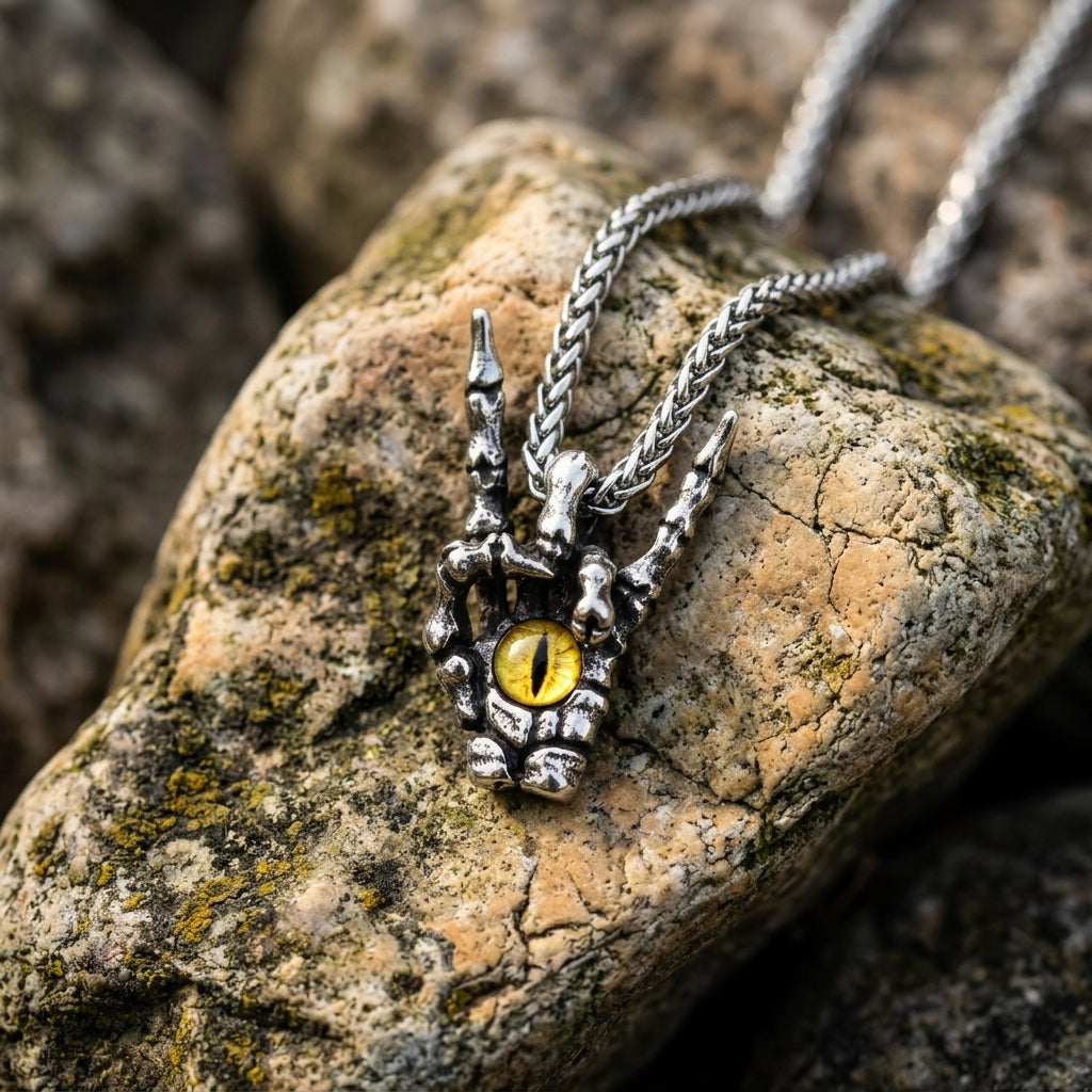 Skeleton Hand Rock Sign Necklace with Dragon Eye Pendant