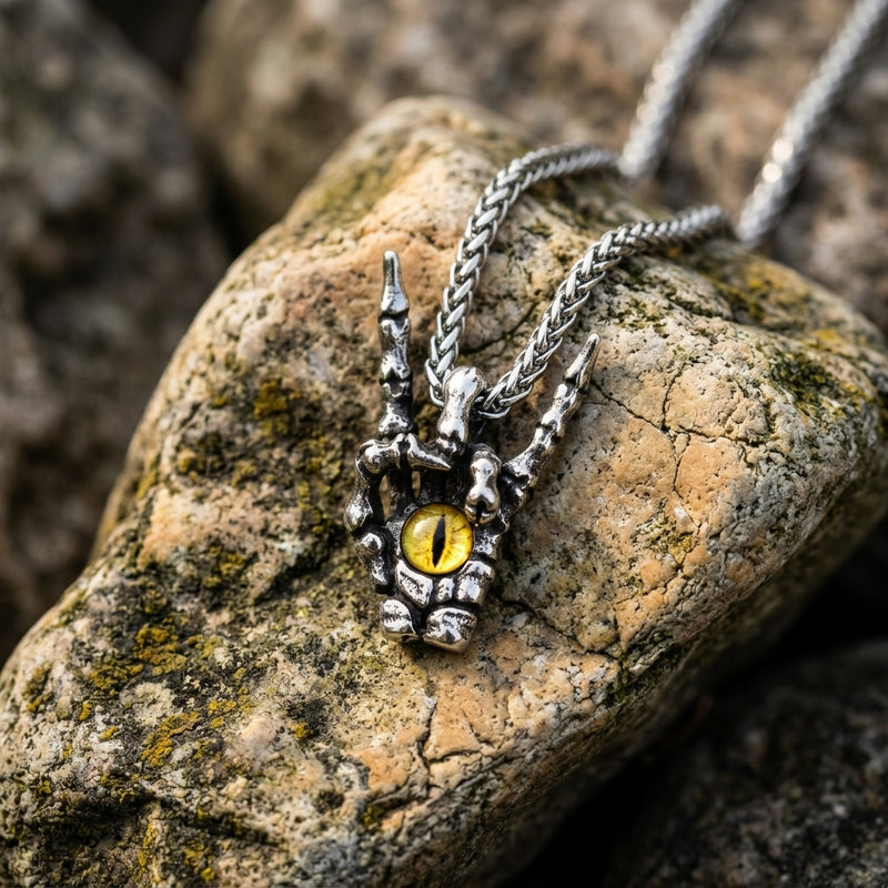 Skeleton Hand Rock Sign Necklace with Dragon Eye Pendant