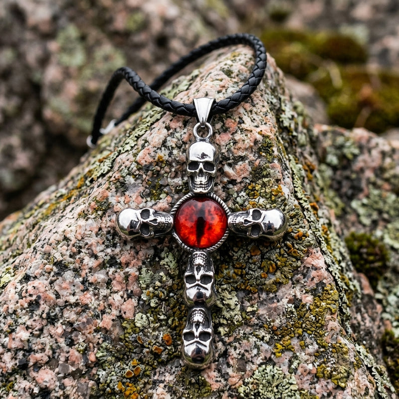 Skull Cross Necklace with Red Dragon Eye Pendant