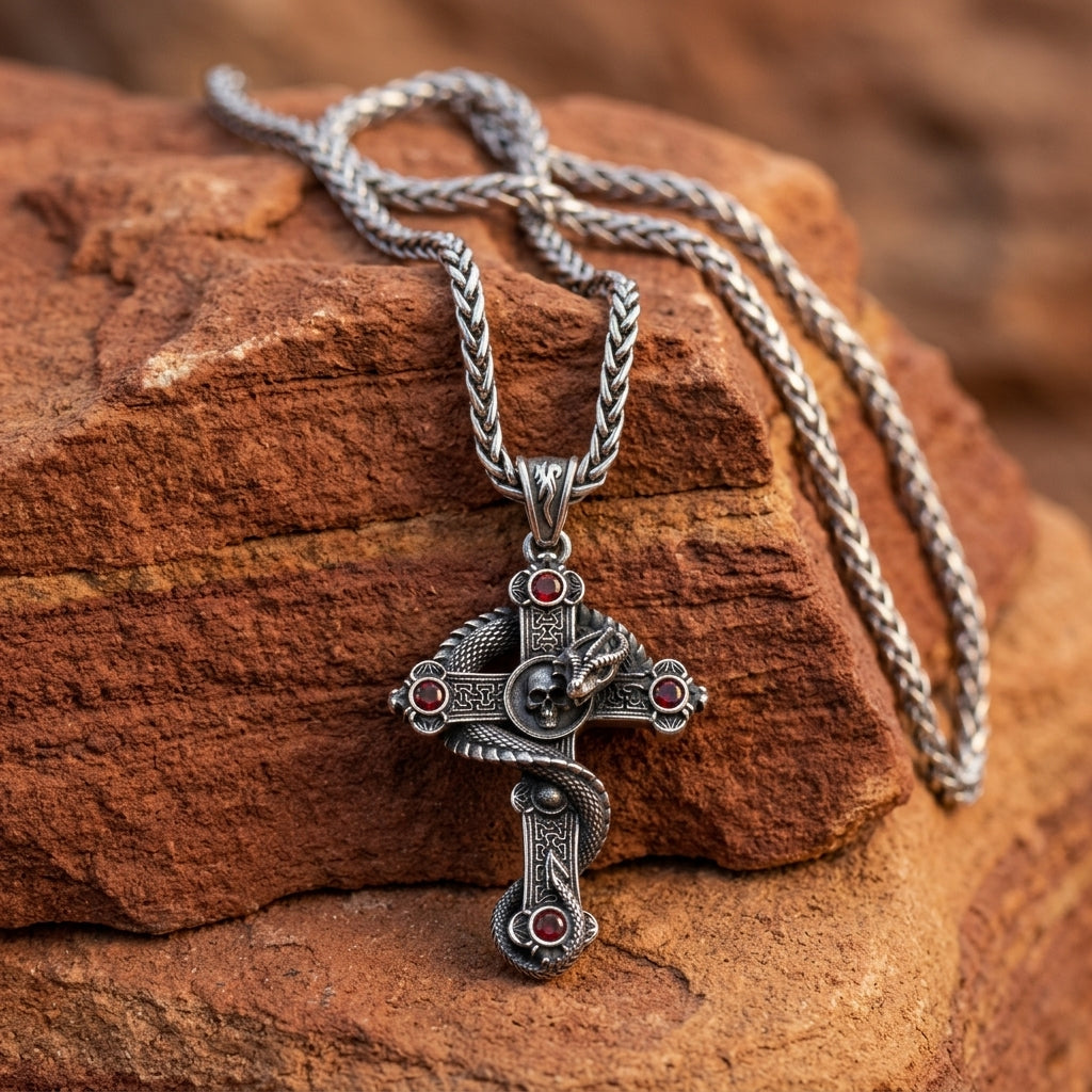 Snake and Skull Cross Necklace with Red Gemstones