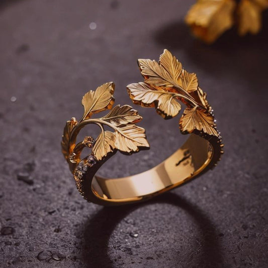 Adjustable Gold Exotic Fall Leaf Ring