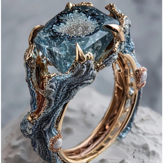 Exotic Nature Blue Crystal Gold Ring