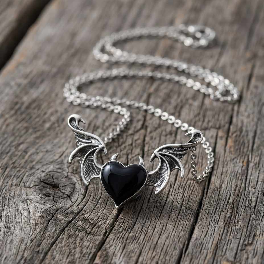 Winged Black Heart Necklace