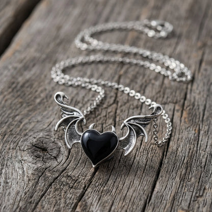 Winged Black Heart Necklace