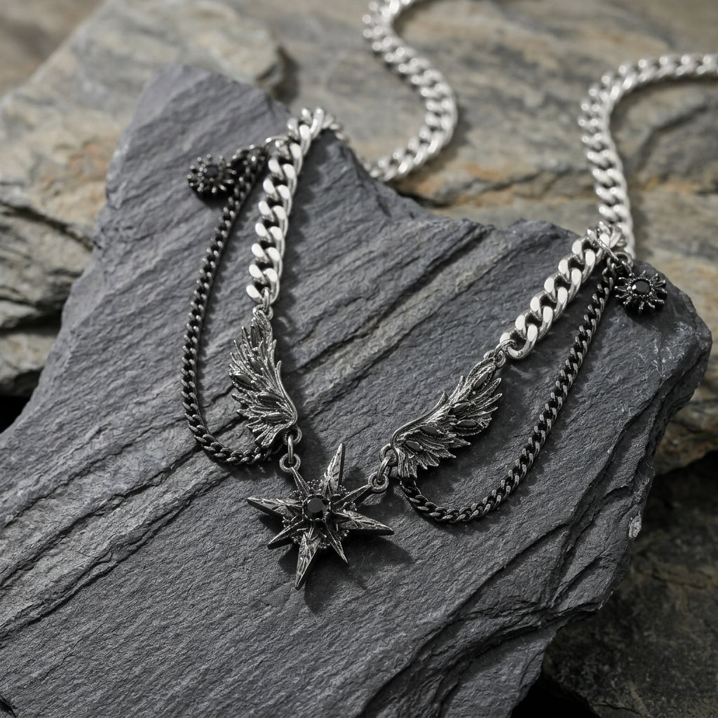 Winged Star Black Crystal Draped Necklace