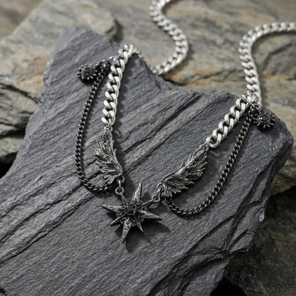 Winged Star Black Crystal Draped Necklace