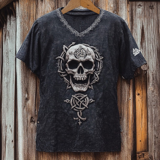Men's Viking Celtic Skull Runes Washed Linen T-shirt artswardrobe