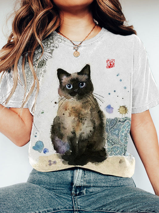 Vintage Cat Watercolor Print Short Sleeve T-Shirt elevenforest