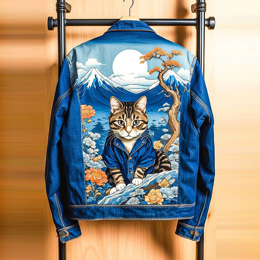 Comstylish Women's Japanese Mount Fuji Cat Design Printed Denim Jacket