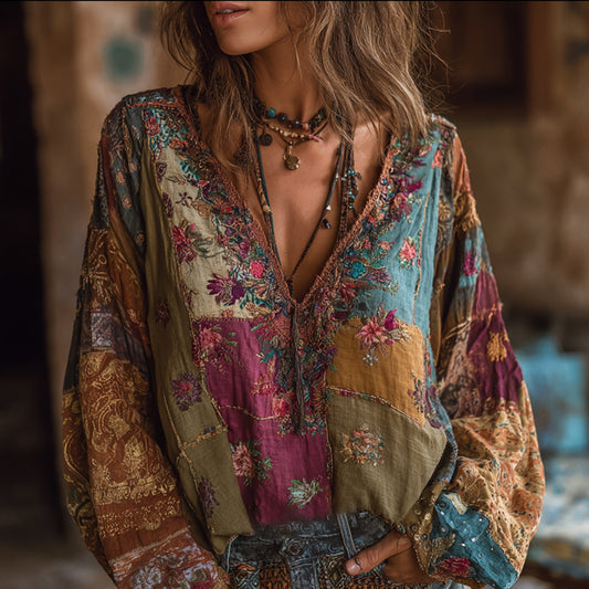 Bohemian Style Embroidered Flower Vacation Long-sleeved V-neck Worn-out Long-sleeved Top artswardrobe