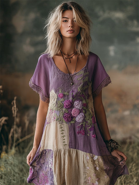 Vintage Roses Embroidered Boho Patchwork Flowy Linen Dress artswardrobe