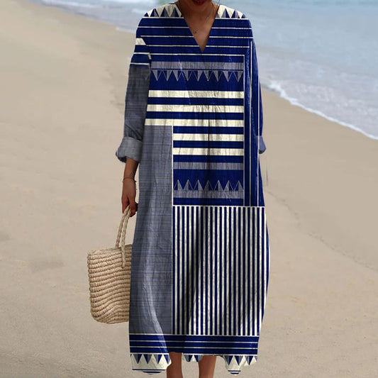 Comstylish Women's Vintage Geometric Line Art Print Cotton Dress