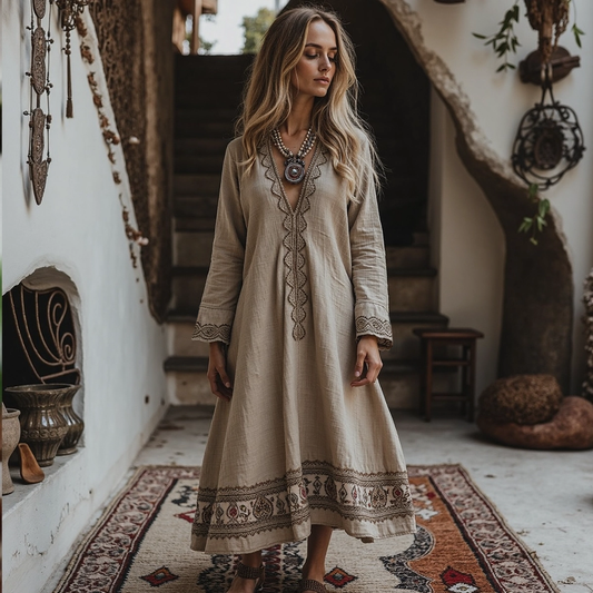Vintage Traditional Embroidery Art Linen Maxi Long Dress artswardrobe