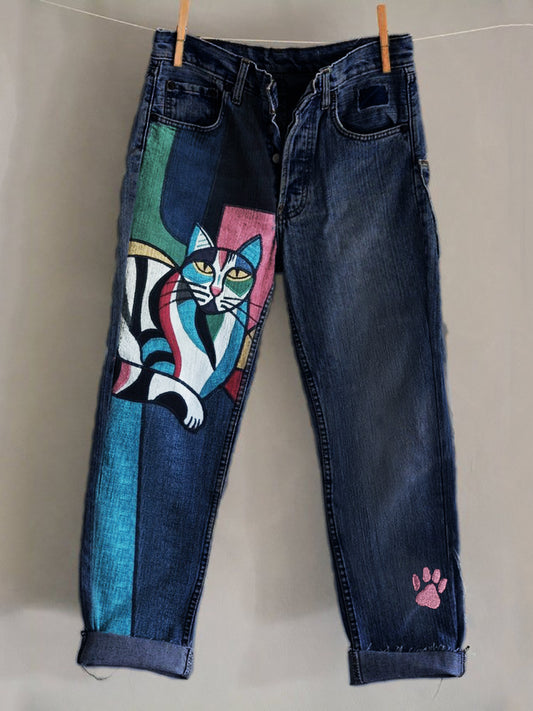 Comstylish Cat Colorblock Art Paw Print Embroidered Washed Jeans